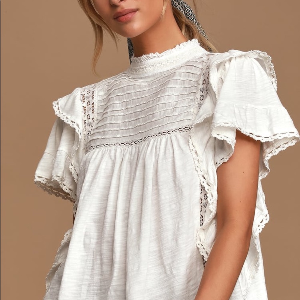 Free People Ivory Ruffled Short Sleeve Tee
